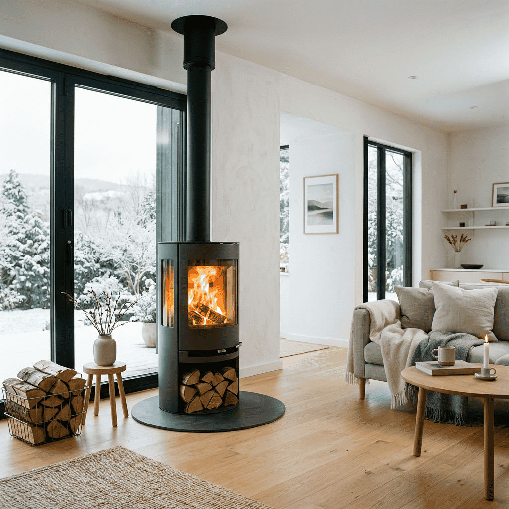 Poêle à bois avec flambée de bûches dans un salon chaleureux